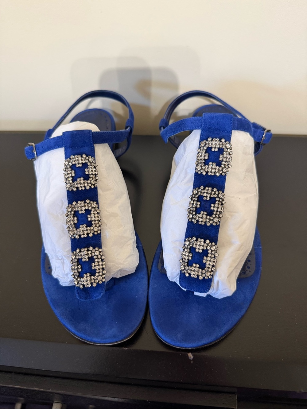 Manolo Blahnik Royal Blue Suede T-Strap Sandals with Crystal Buckles